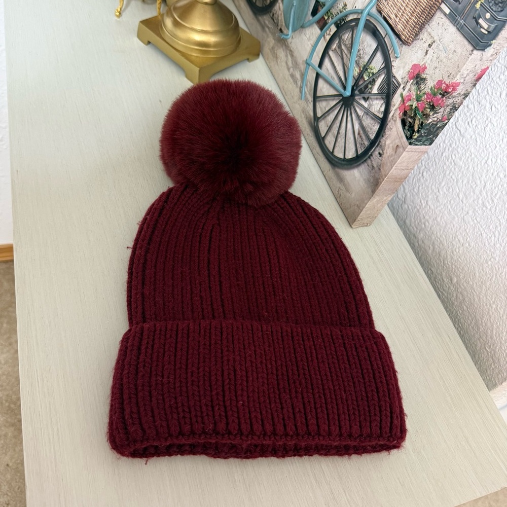 Burgundy Knit Pom-Pom Beanie
